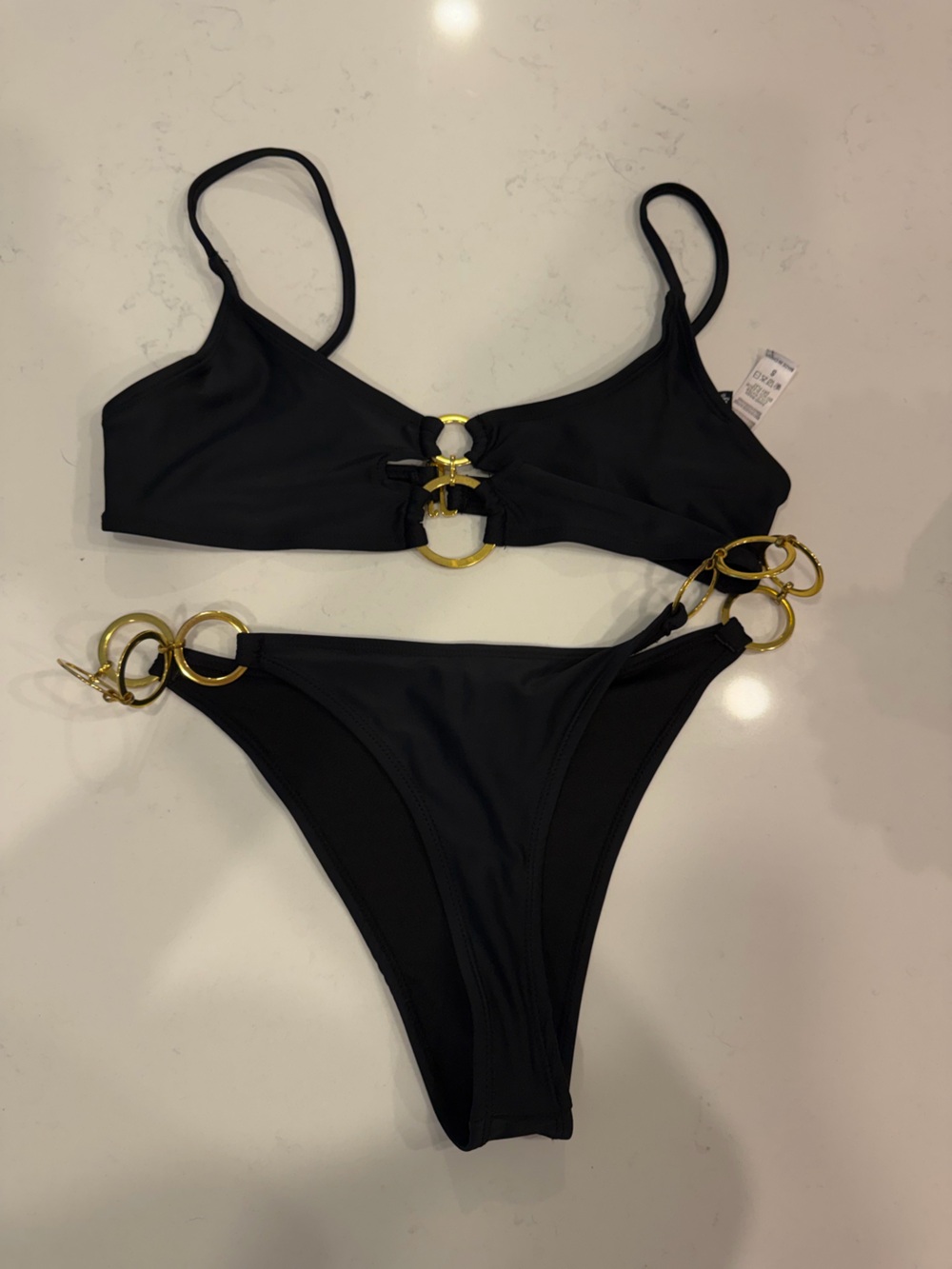 Forplay Black Bikini with Gold Ring Accents
